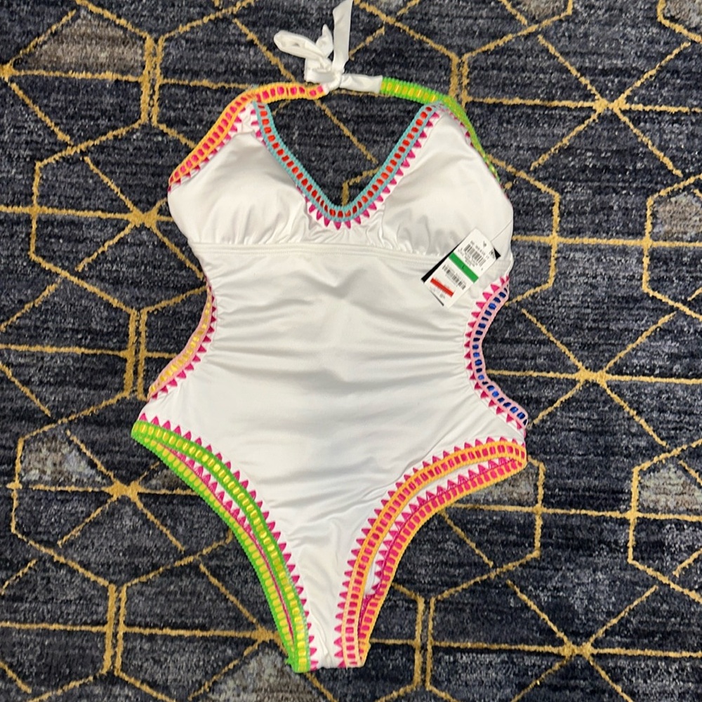 Bar III Swimsuit. White One Piece w/Multi Colored Trimming. Size Large.